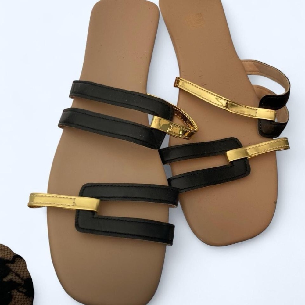 Women's Black and Gold Strappy Flat Sandals